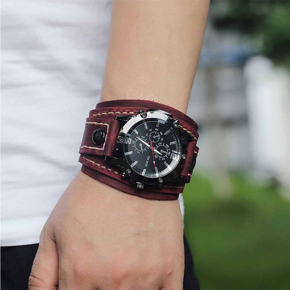 Men Punk Quartz Cuff Watch Wristwatch Military Retro PU-Leather Strap Watch
