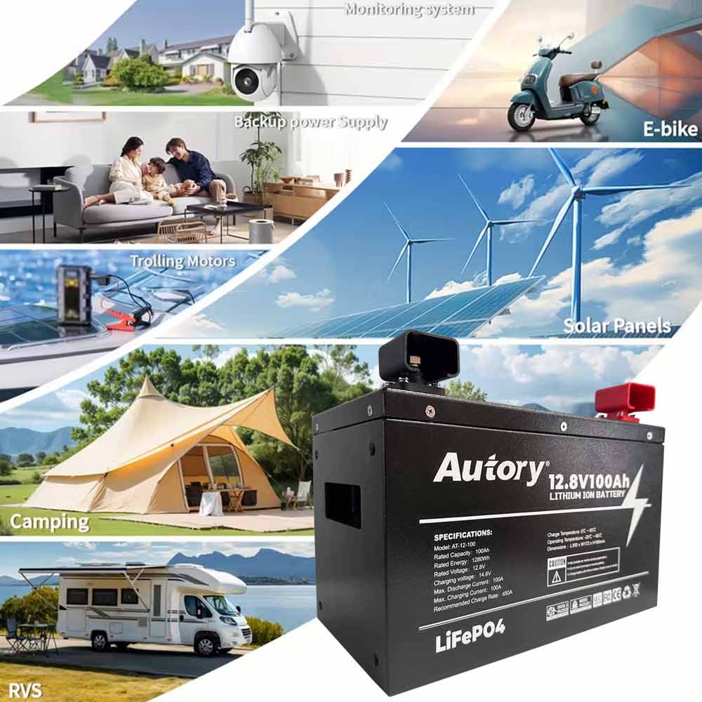 Autory 12.8V 100Ah LiFePO4 Battery with Metal Case & Mounting Bracket | Deep Cycle for RV, Solar, Marine