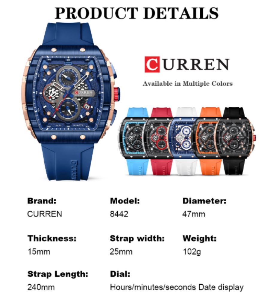 Men's Chronograph Watch – 47mm Quartz Silicone Strap, 3ATM Water Resistant