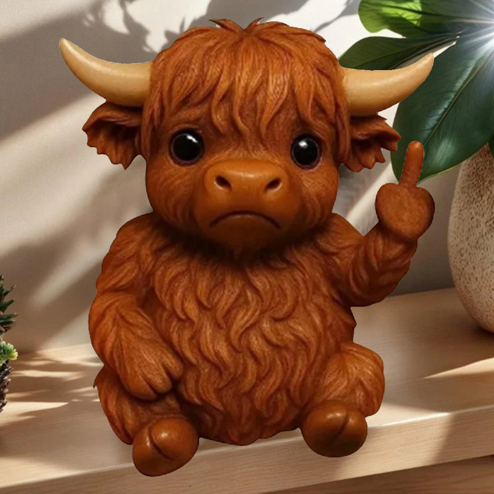 Sassy Middle Finger Highland Cow Statue - 3D Lifelike Resin Figurine for Desk Decor (7cm)