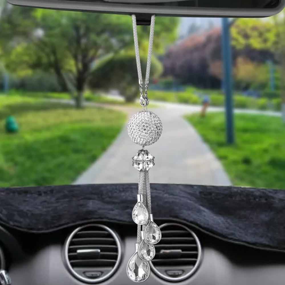 White Crystal Disco Ball Charm Hanging Ornament Car Rear View Mirror Pendant