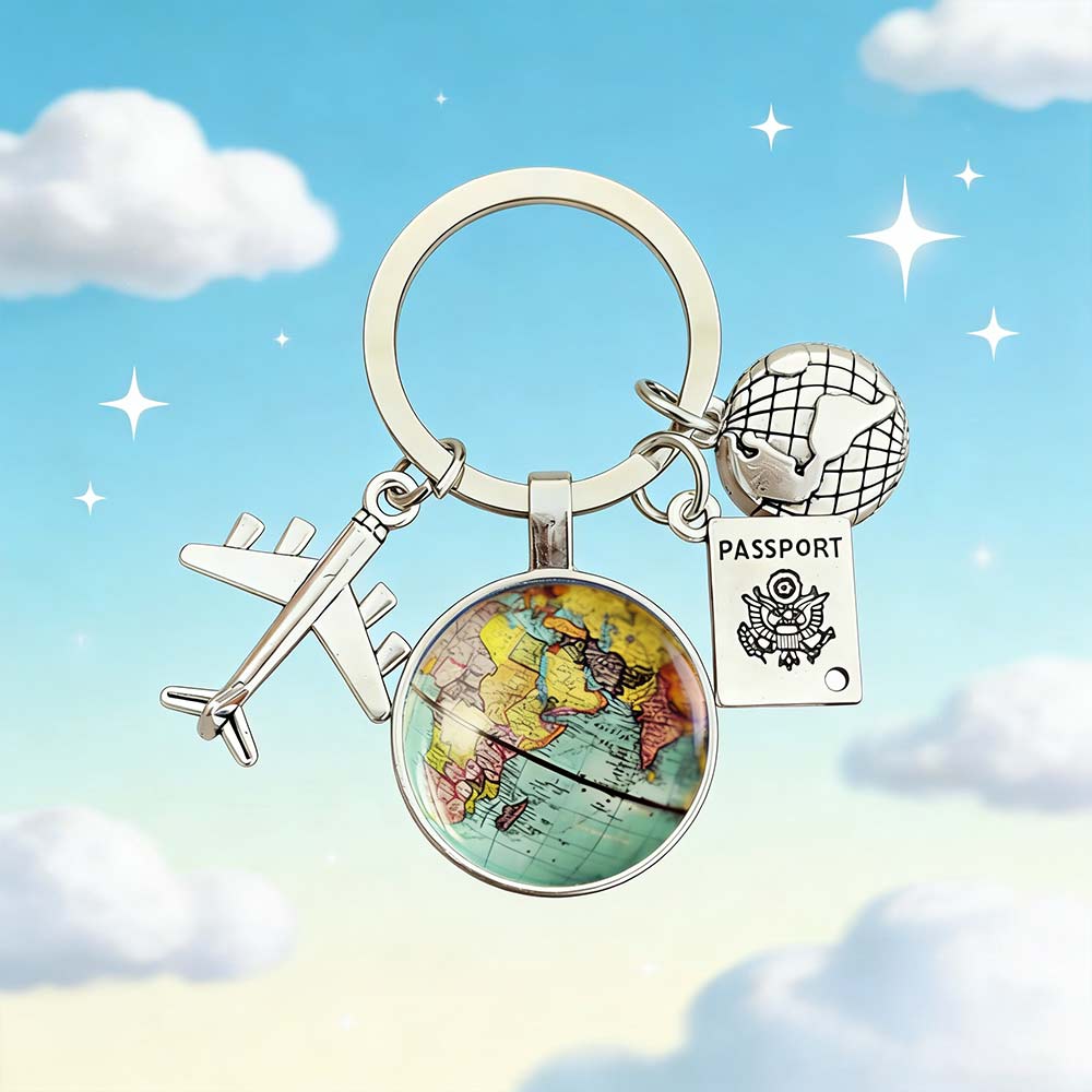 Traveller Keyring World Map Keychain with Charms - Vintage Travel Gift for Wanderlust