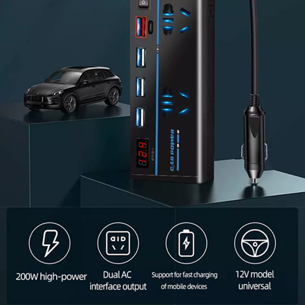 12V to 240V AC Converter 200W Car Power Inverter W/ 4USB Phone Charger Vehicle