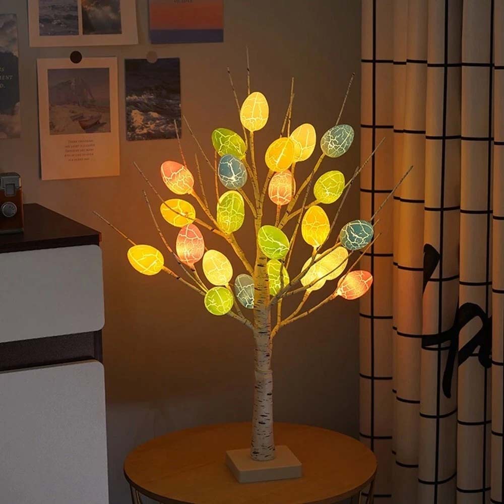 Easter LED Twig Tree - Pre-Lit Birch Light Up Decoration with 24 Colorful Eggs