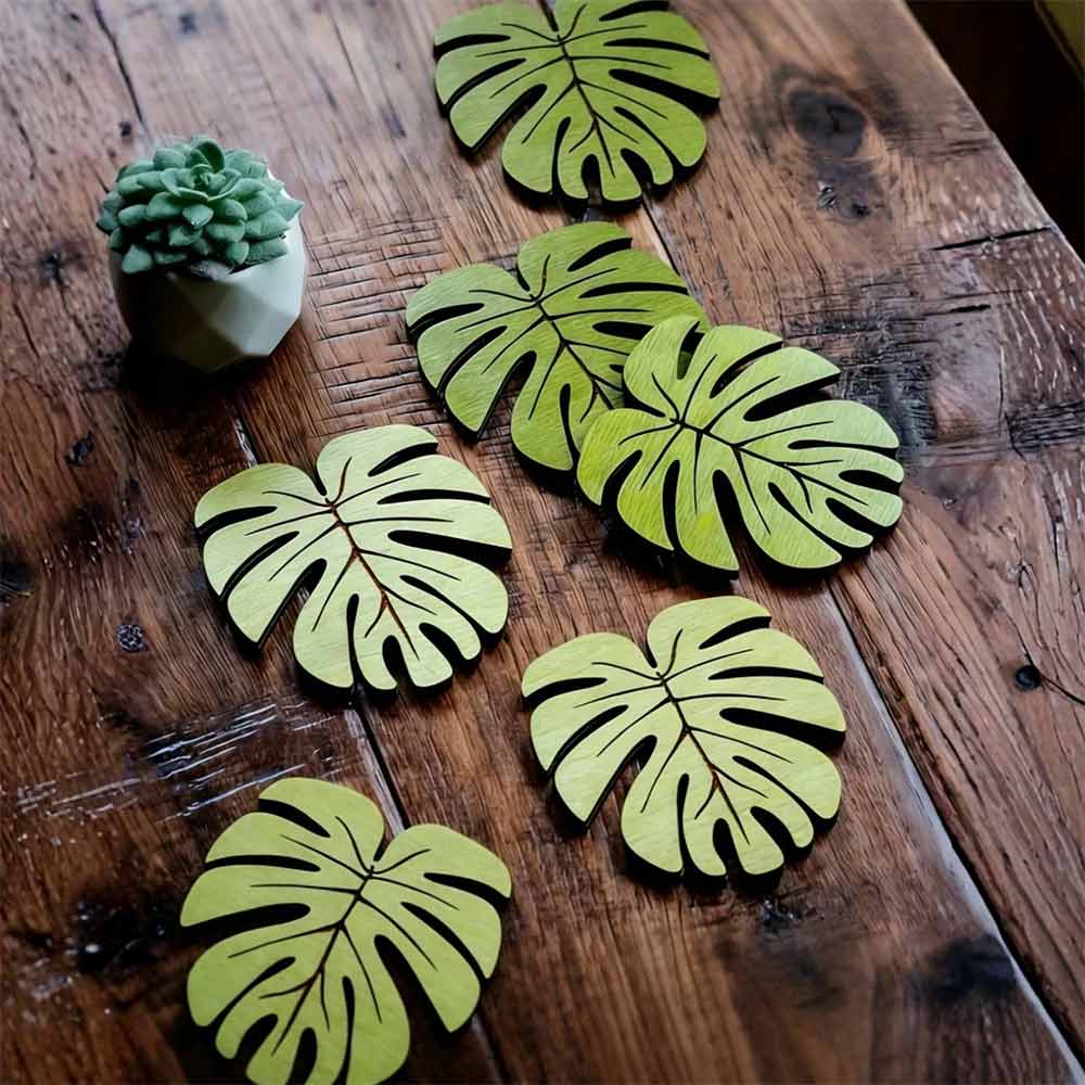 10-Piece Wooden Cup Coaster Set – Bamboo Leaf Style, Heat Resistant & Non-Slip Mat