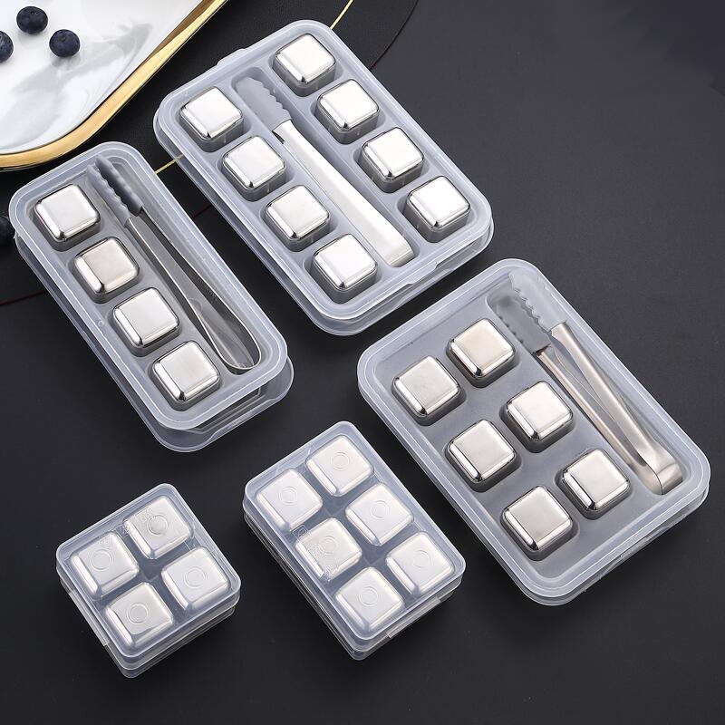 6Pcs Stainless Steel Whiskey Wine Stone Ice Cube With Tong Reusable Cooling Rock