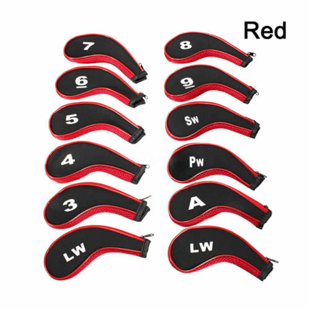12pcs Neoprene Golf Club Iron Head Cover  Zipper Long Neck 3-9 A SW PW LW
