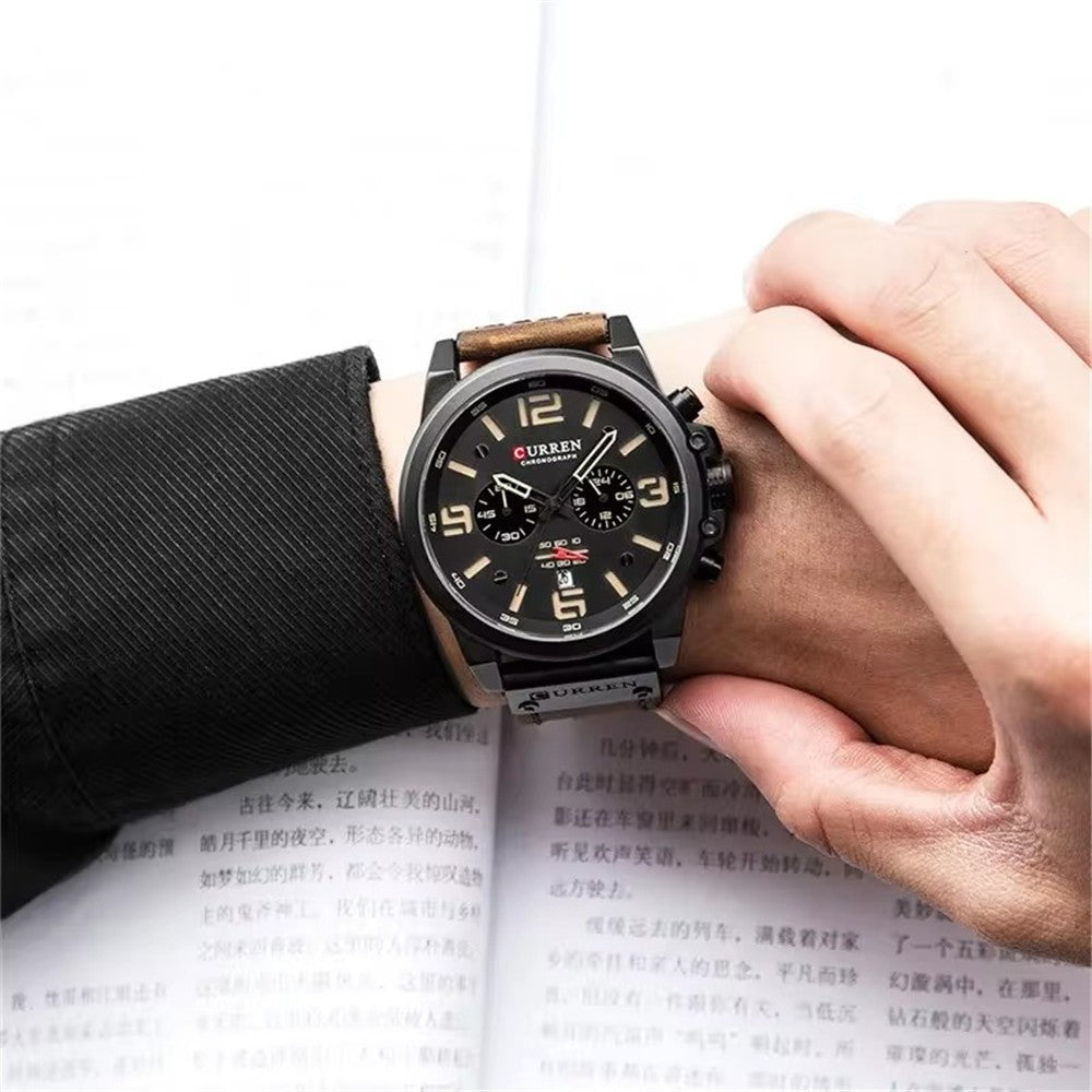 Men's Business Quartz Watch – Leather Chronograph Calendar 47mm Multifunction