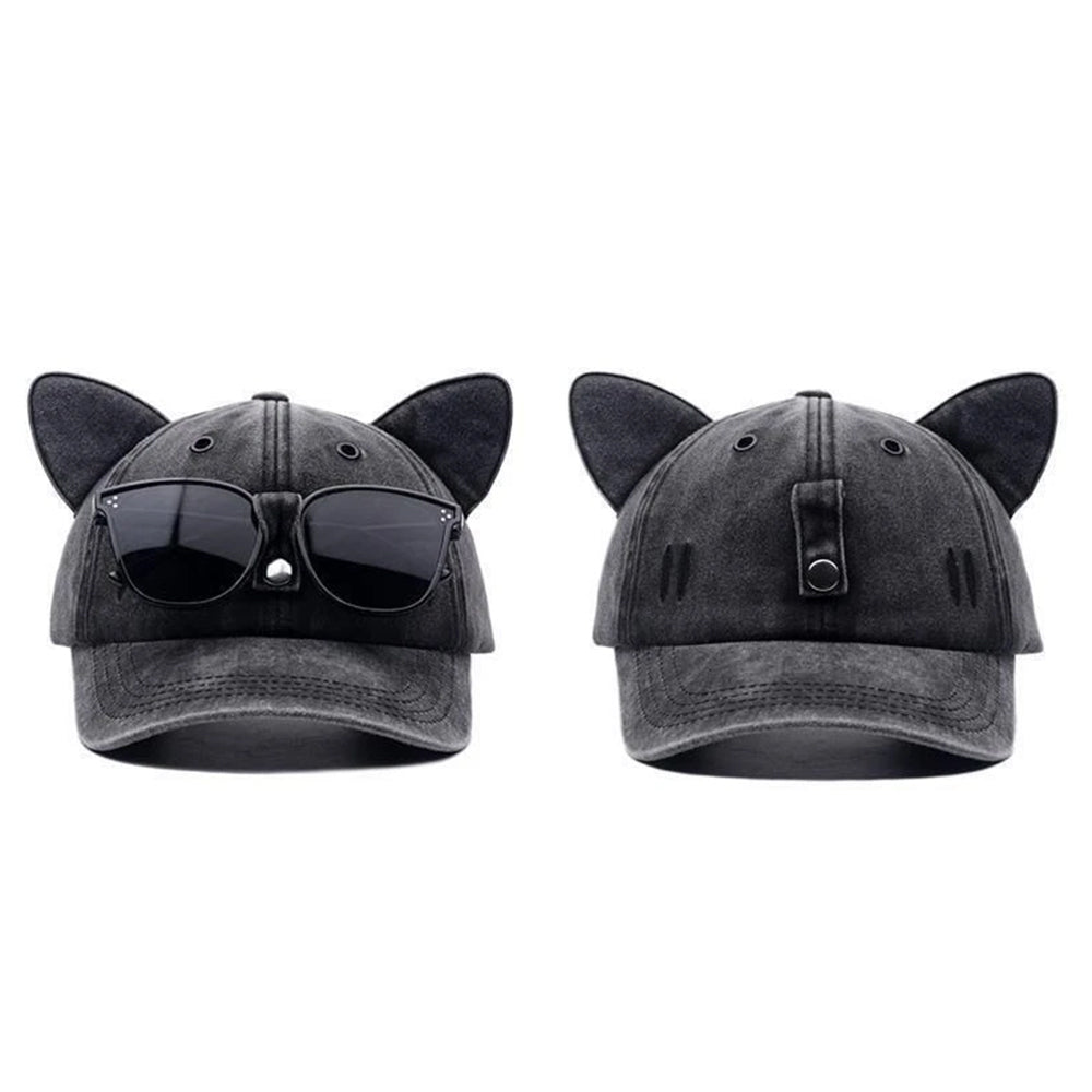 Baseball Cap with Cat Ears & Sunglasses  - Funny Vintage Washed Dad Hat for Women & Men