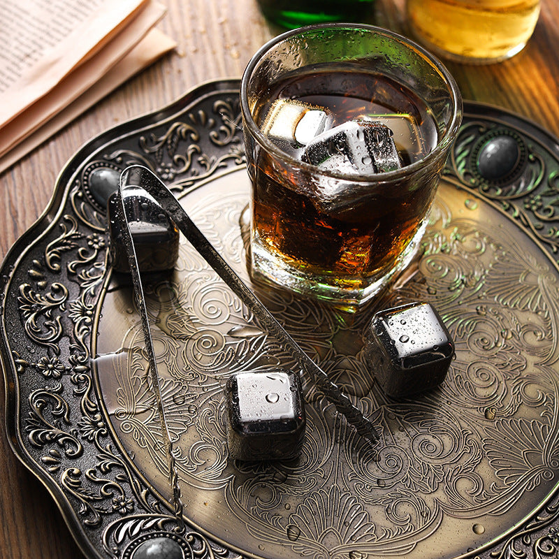 6Pcs Stainless Steel Whiskey Wine Stone Ice Cube With Tong Reusable Cooling Rock