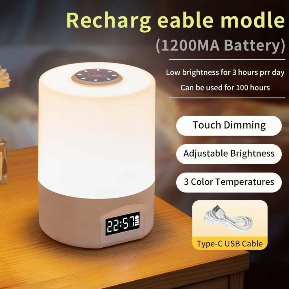 Touch Control LED Night Light with Digital Clock - Bedside Bedroom Lamp, Adjustable