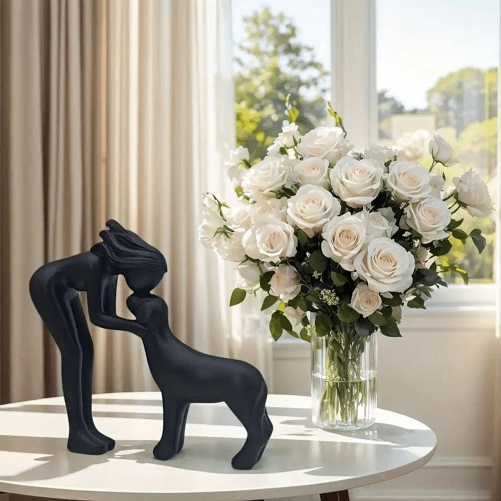 Black Minimalist Human & Dog Statue - 3D Printed Figurine for Pet Lovers, Hand-Like Pose Home Decor