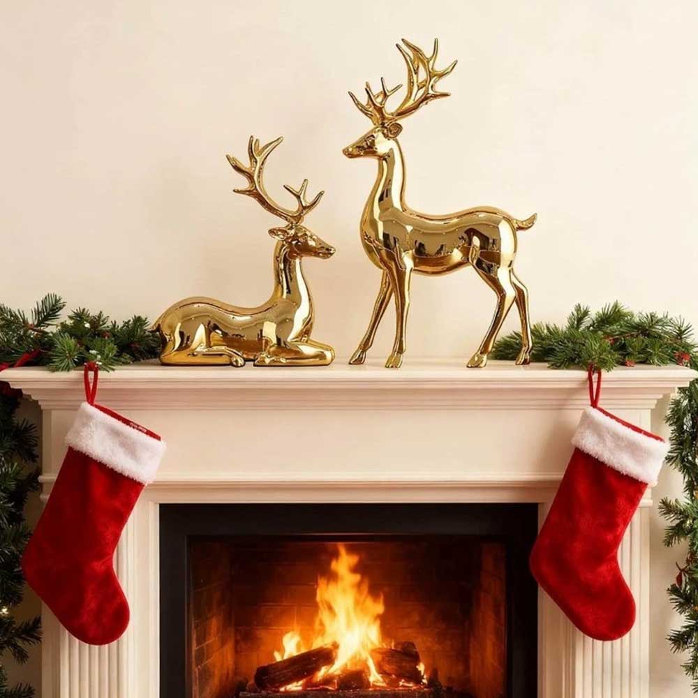 2Pcs Gold Reindeer Statues - Christmas Table Figurines & Holiday Centerpieces