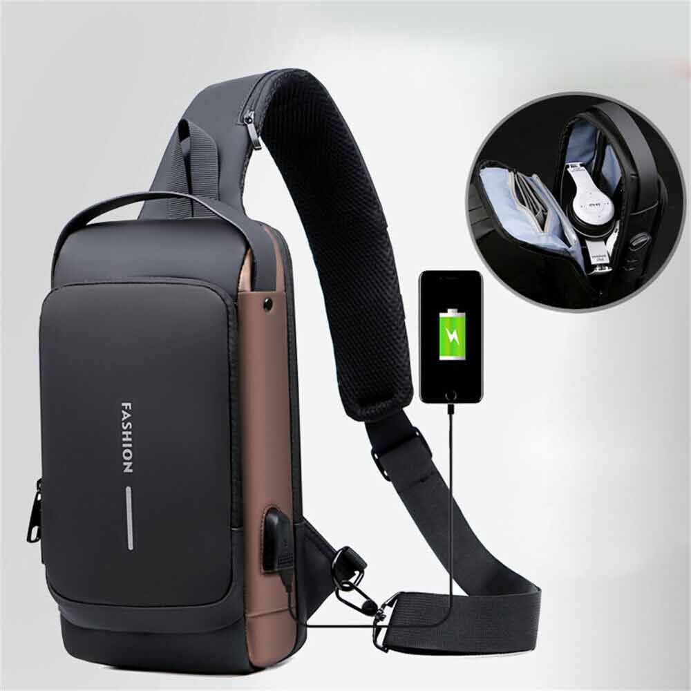 Men Sling Crossbody Bag Anti-theft Chest Shoulder Messenger Backpack USB Port