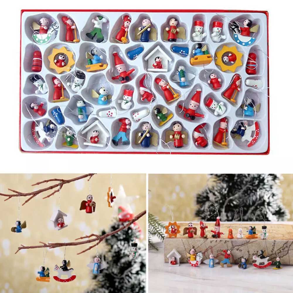 Miniature Wooden Christmas Tree Decor Figures Pendant Hanging Xmas Ornament Set
