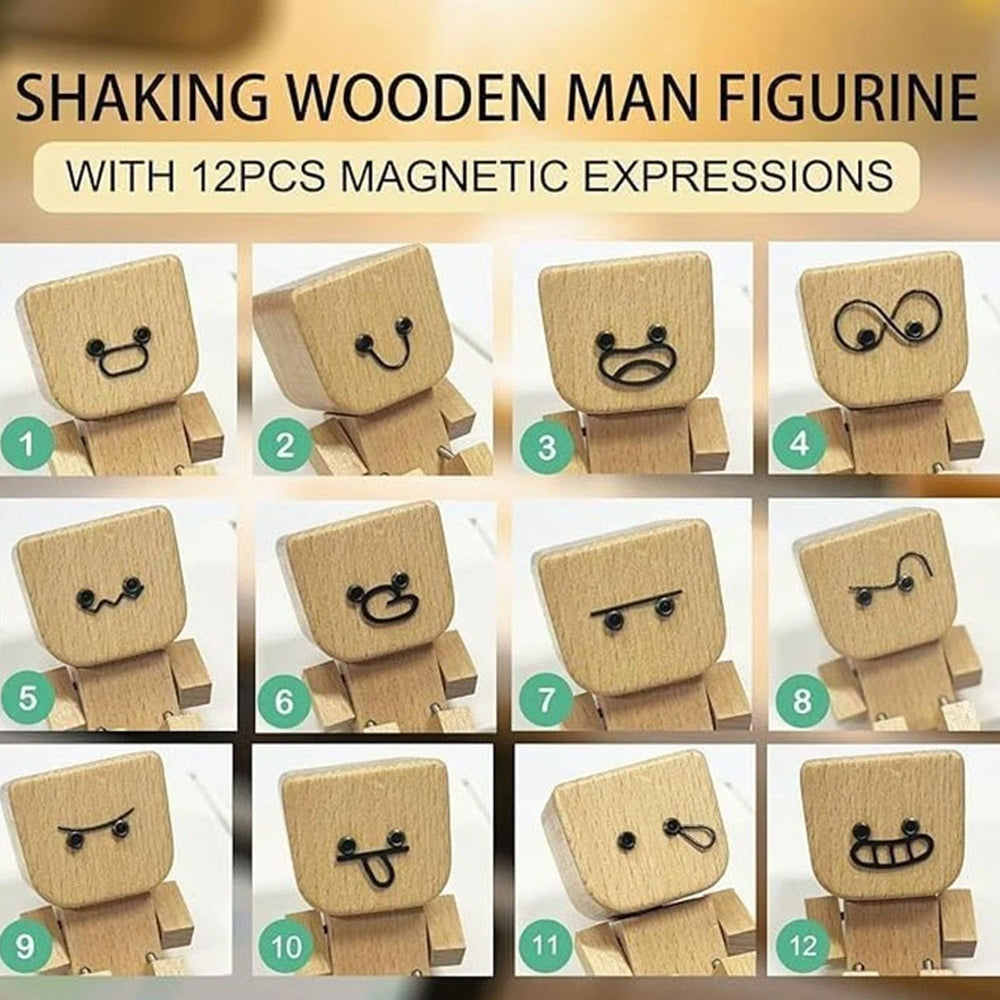 Magnetic Expression Shaking Wooden Man - 12 Fun Face Car Dashboard Decor