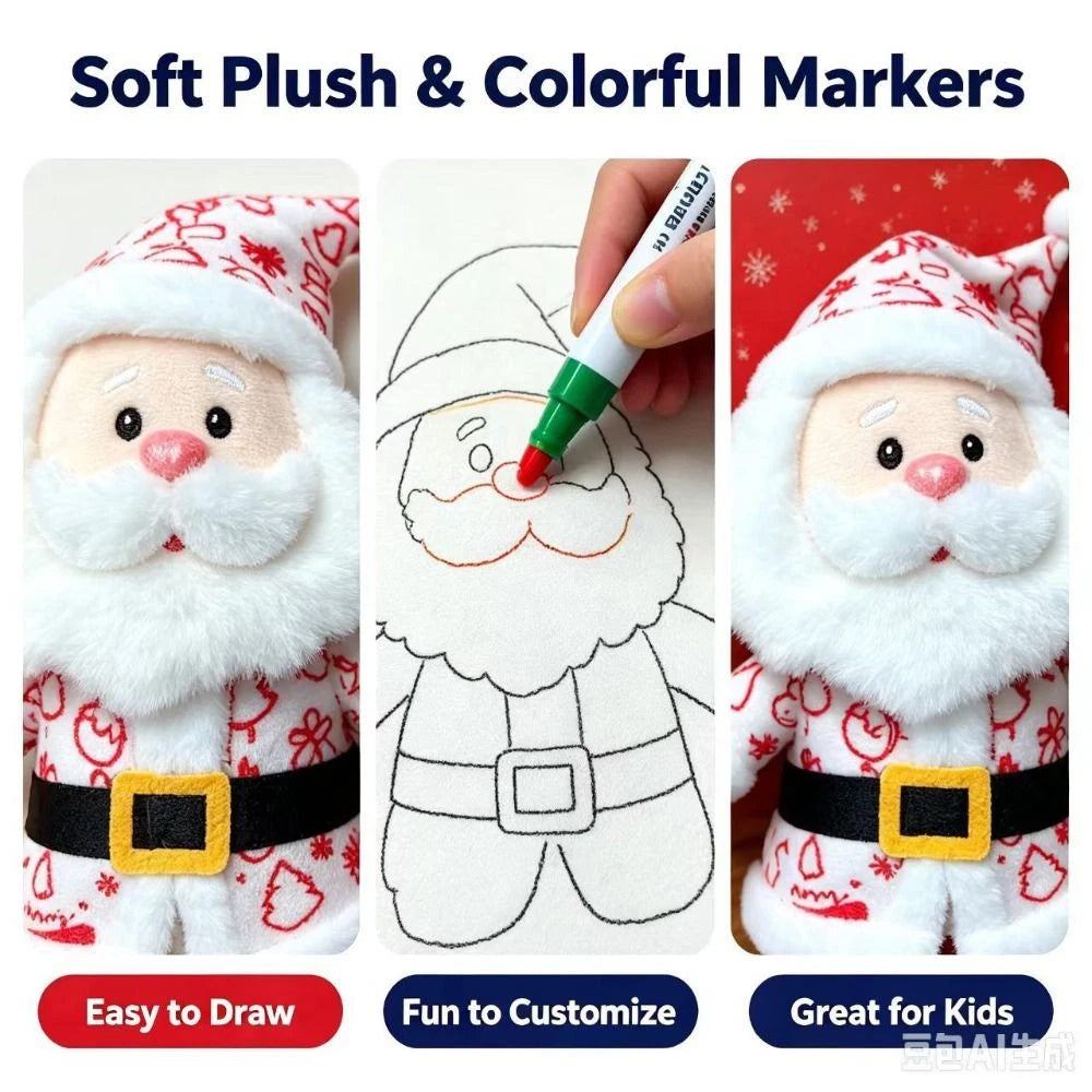 DIY Paintable Santa Plush Toy – Christmas Craft Kit with 12 Coloured Pens