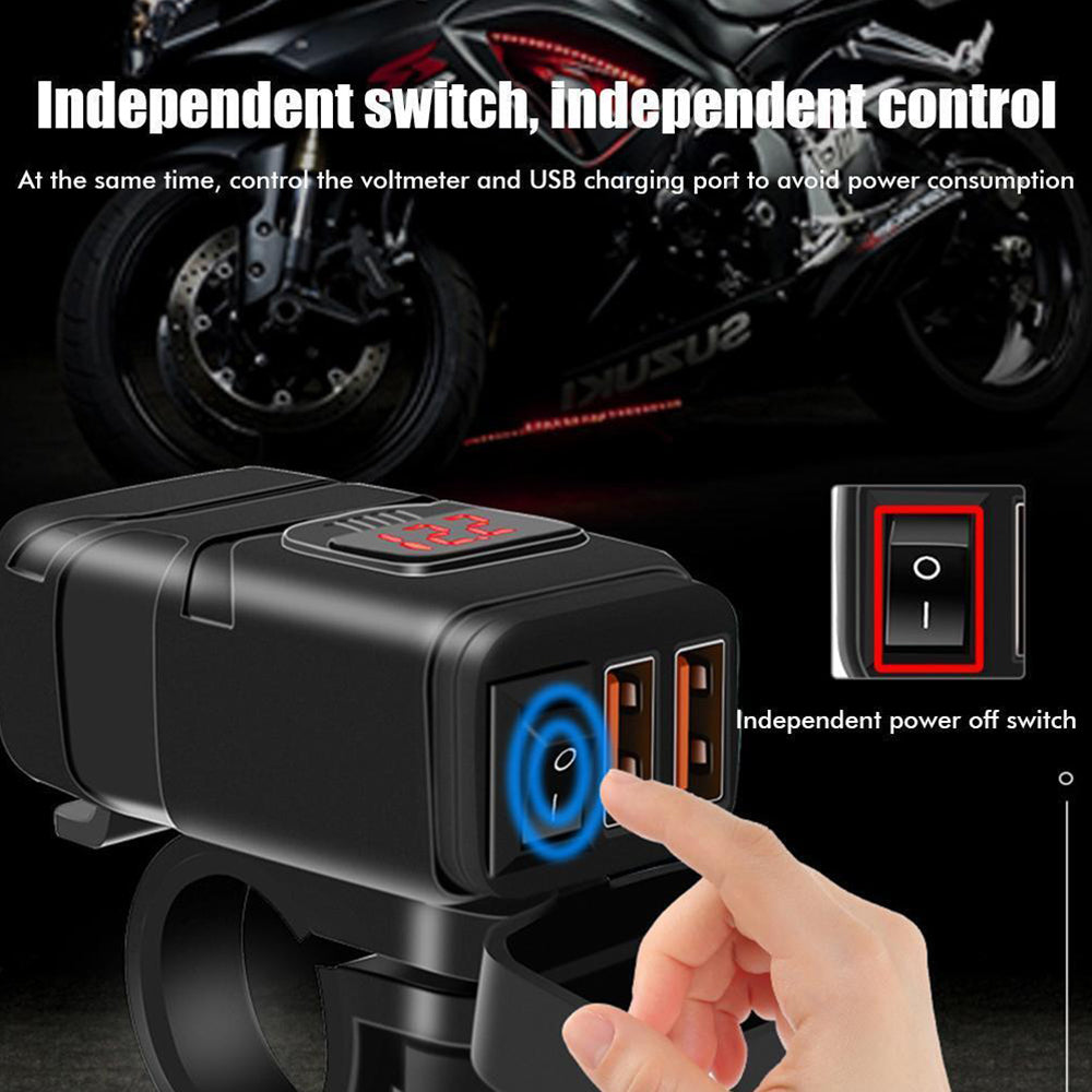 Dual USB Port Motorcycle Fast Charger Socket LED Voltmeter Display ON/OFF Switch