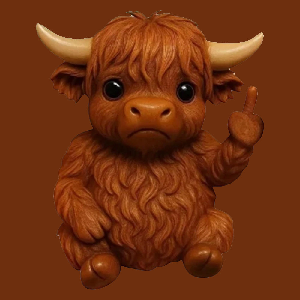 Sassy Middle Finger Highland Cow Statue - 3D Lifelike Resin Figurine for Desk Decor (7cm)