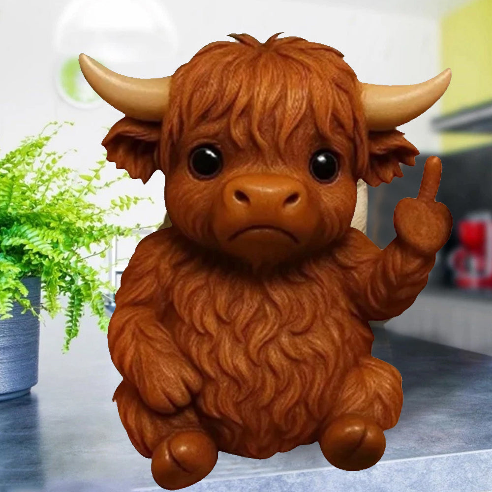 Sassy Middle Finger Highland Cow Statue - 3D Lifelike Resin Figurine for Desk Decor (7cm)