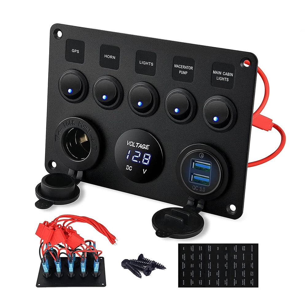 5 Gang Campervan RV 12V LED Light Switch Control Panel Voltmeter USB Charger
