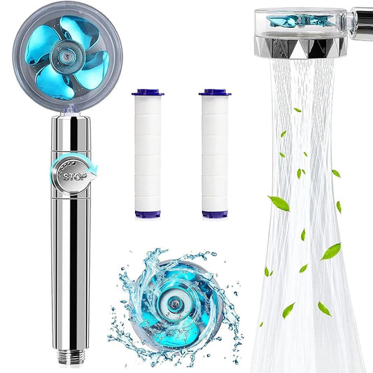 High Pressure Turbo Fan Jet Shower Head - Water Saving, 3-Stage Filter, 360° Adjustable