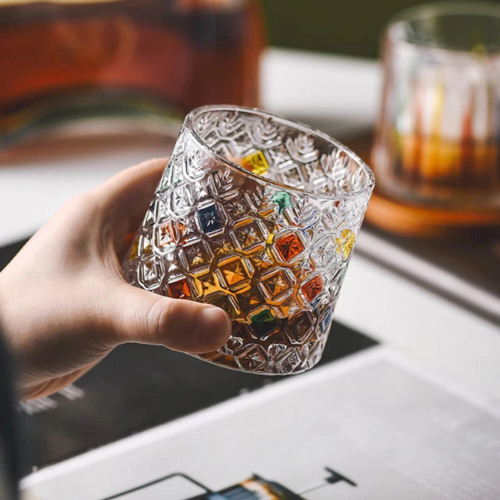 Crystal Whiskey Glass Set - Colored Snowflake Glass Holder Gift for Bourbon & Cocktail