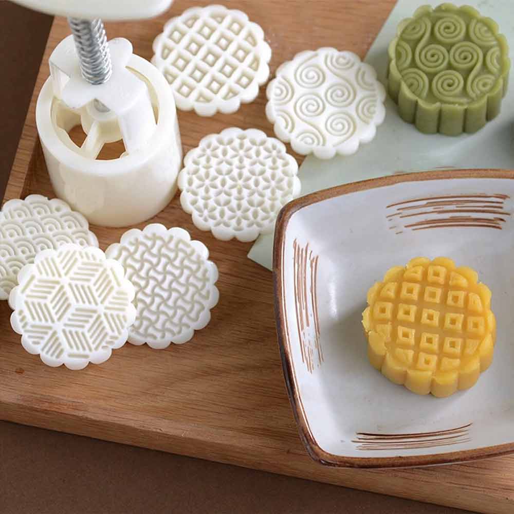 Hand Press Mooncake Mould – 6 Stamp Cookie Cutter for Green Bean Cakes
