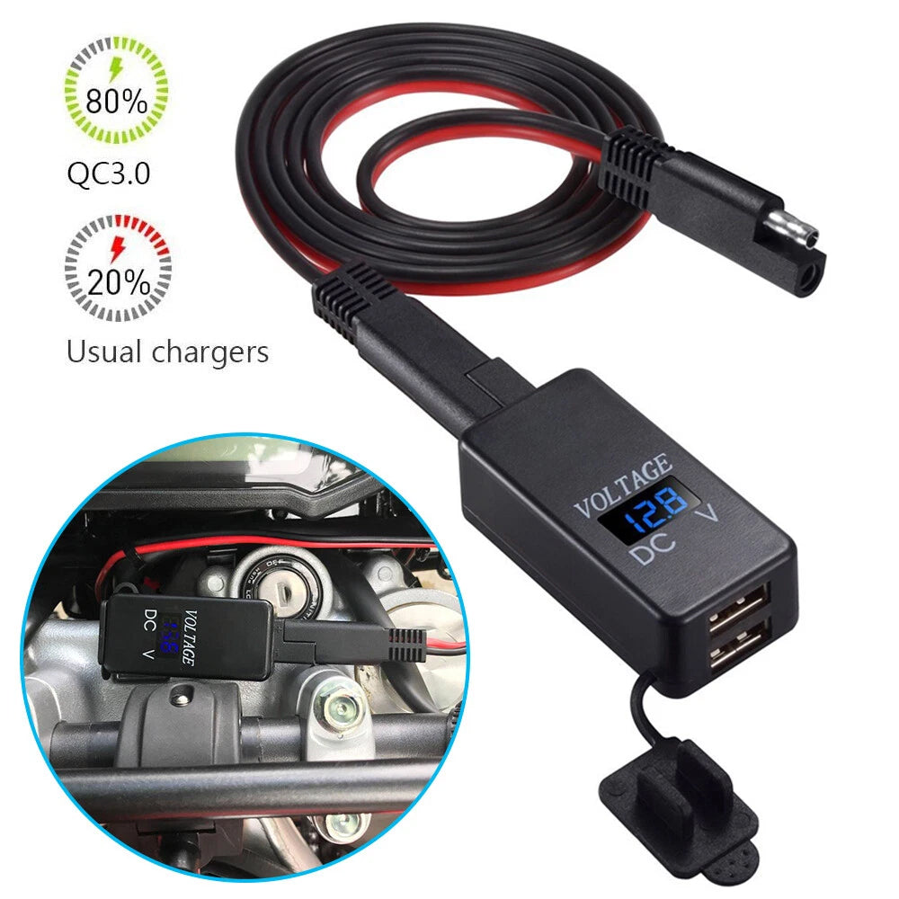 12V Motorcycle SAE to USB Dual Port Charger Voltmeter Cable Adapter Waterproof