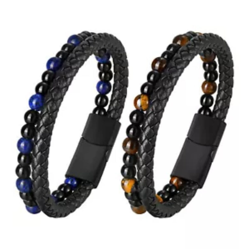 Me Natural Tiger Eye Stone Beads Bracelet Matte Black Onyx Leather Bracelet 23CM
