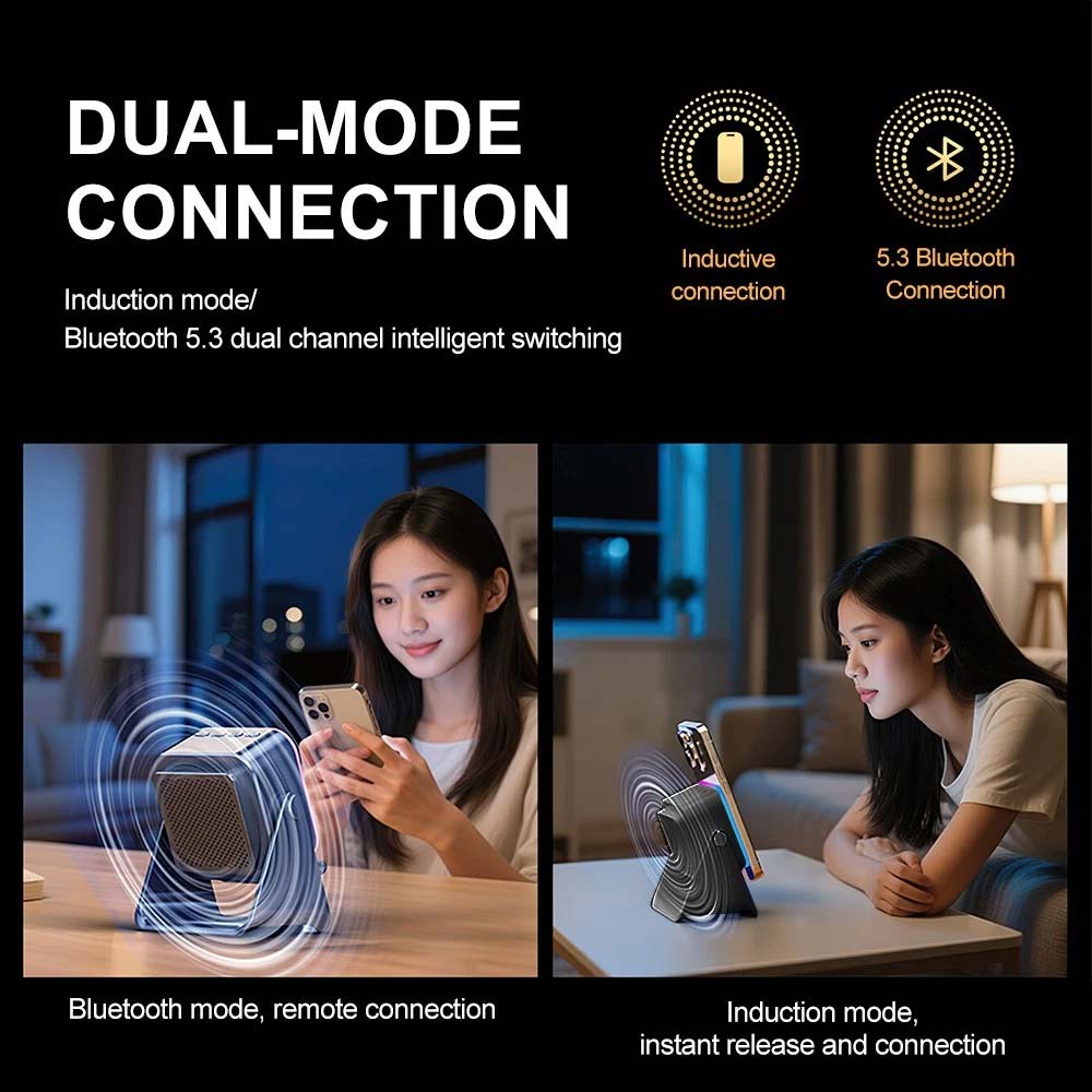 Mini Induction Speaker with Phone Stand - 5-in-1 Wireless Bluetooth Audio & Light