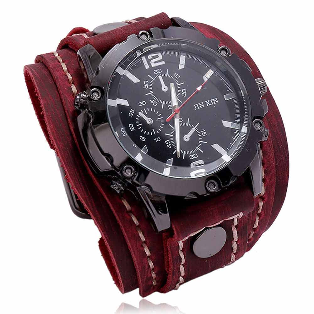 Men Punk Quartz Cuff Watch Wristwatch Military Retro PU-Leather Strap Watch