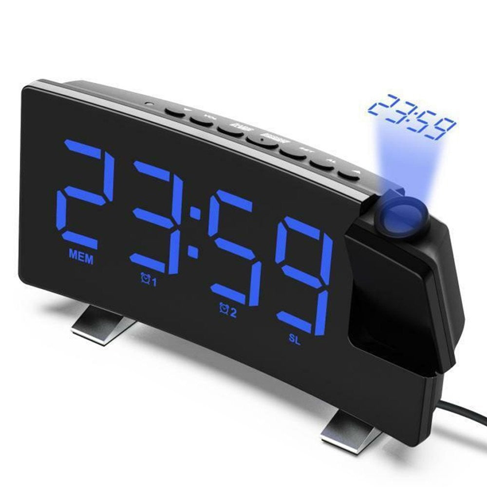 LED Digital Alarm Clock – Radio Projection Clock with Curved Screen & Dual Alarms