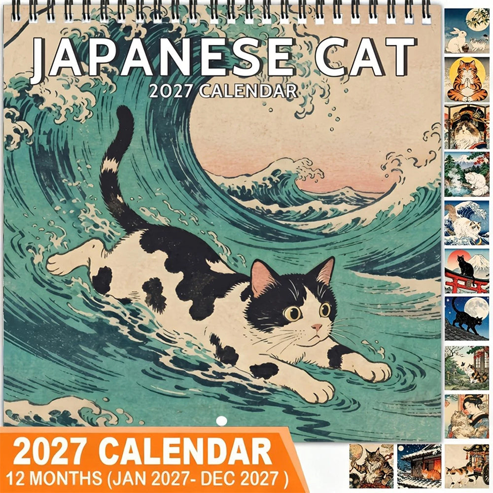 Cat 2027 Wall Calendar – Japanese Retro Cat Month-to-View Hanging Calendar