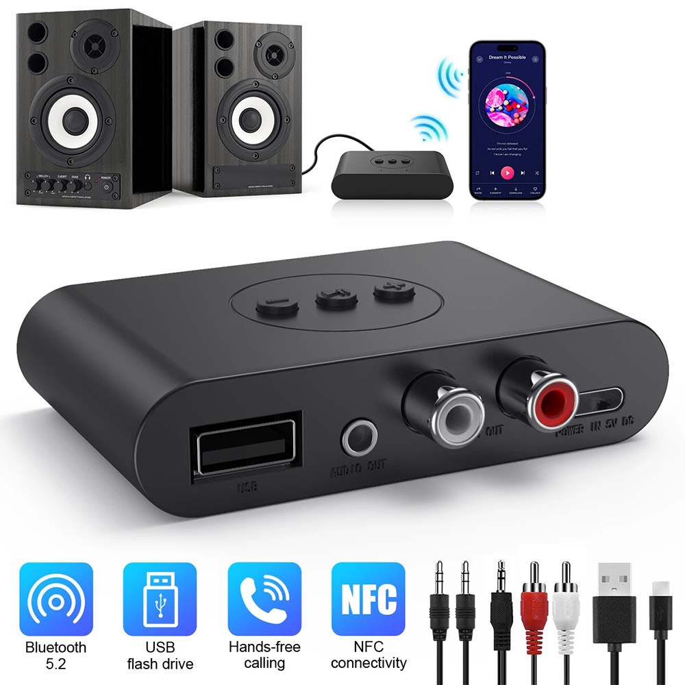 NFC Bluetooth 5.2 Wireless Receiver - 3.5mm to 2 RCA Audio Adapter for Stereo