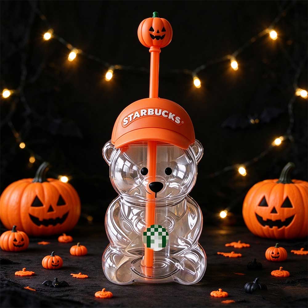 Pumpkin Straw Topper Bear Cup – Halloween Orange Cap Collectible Drinkware