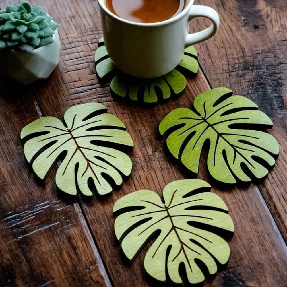 10-Piece Wooden Cup Coaster Set – Bamboo Leaf Style, Heat Resistant & Non-Slip Mat