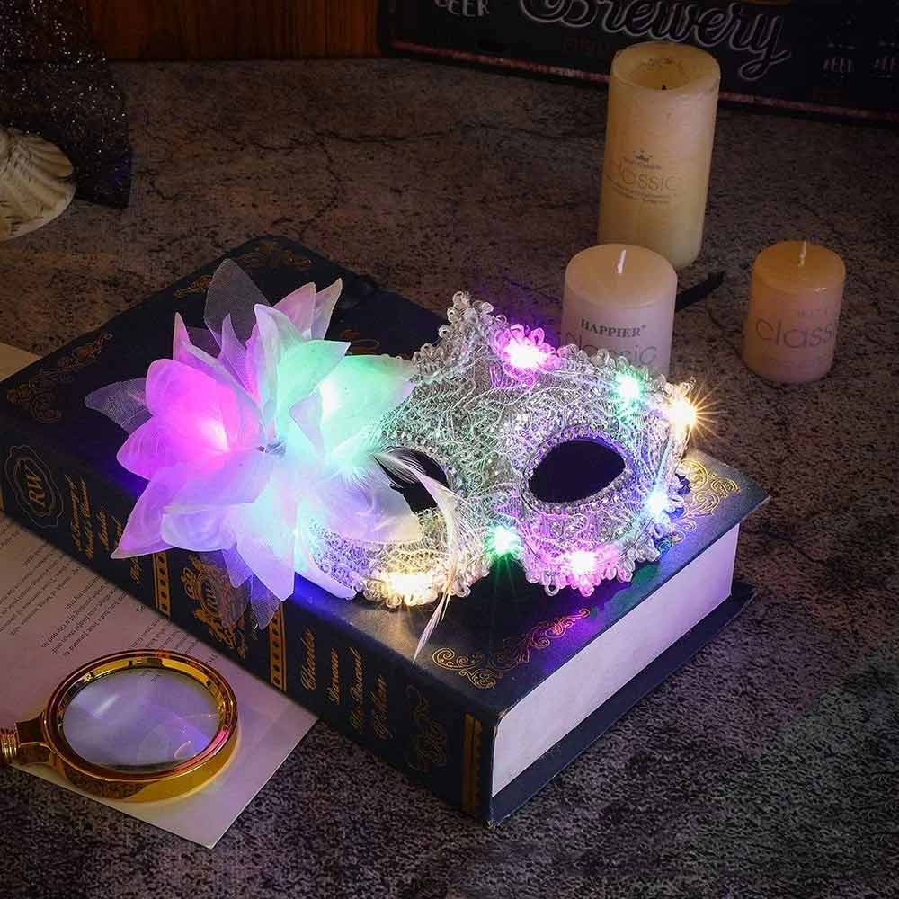 2X Random LED Masquerade Mask – Lace Venetian Light Up Mask with Side Flower for Women