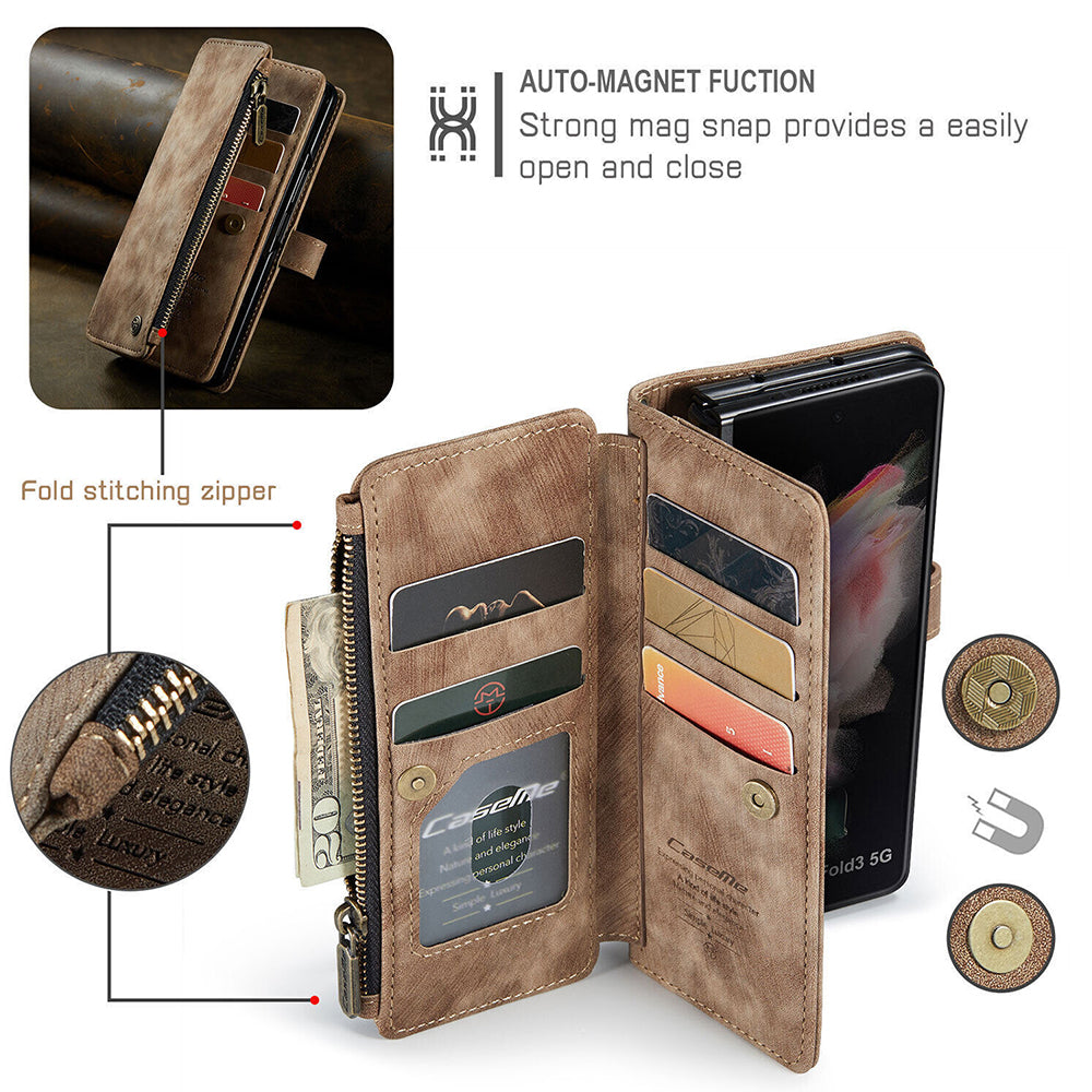 For Samsung Galaxy Z Fold3 / Z Fold4 Case Flip Leather Zipper Wallet Stand Cover