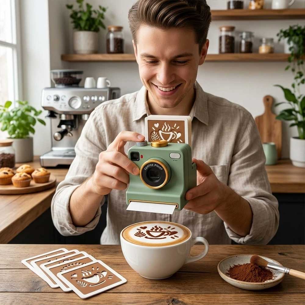 Latte Art Powder Printer – 3D Printed Coffee Stencil Dispenser with 4 Cards
