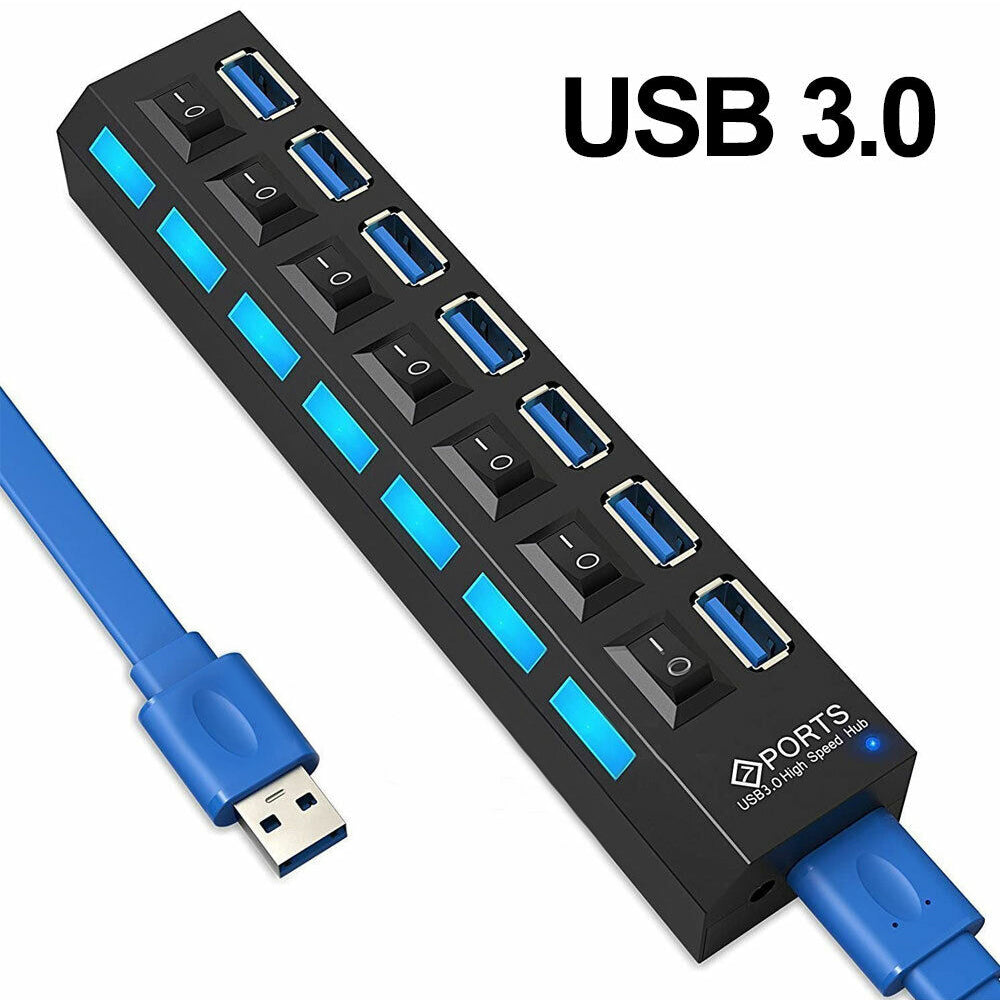 7 Port USB 3.0 HUB Powered +High Speed Splitter Extender PC AC Adapter Cable