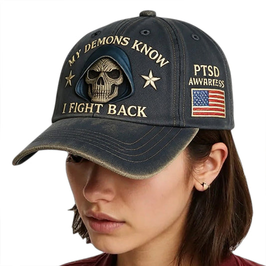 PTSD Awareness Hat – My Demons Know I Fight Back Hat, PTSD Baseball Cap 21-23 In
