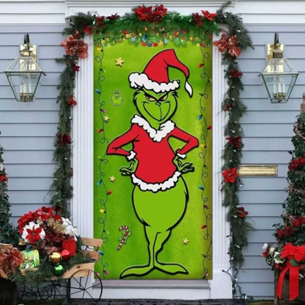 90*200cm Grinch Christmas Door Cover Decoration Grinch Green Merry Christmas Porch Sign