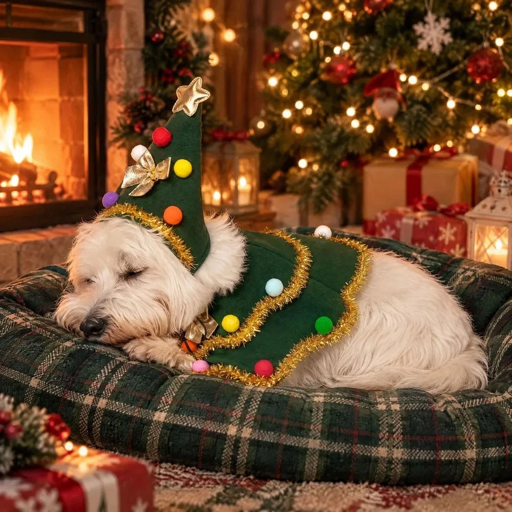 Christmas Tree Pet Cape – Festive Dog & Cat Costume with Pom-Pom Hat