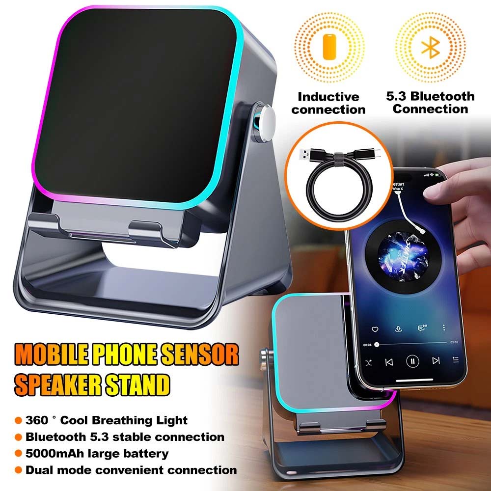 Mini Induction Speaker with Phone Stand - 5-in-1 Wireless Bluetooth Audio & Light