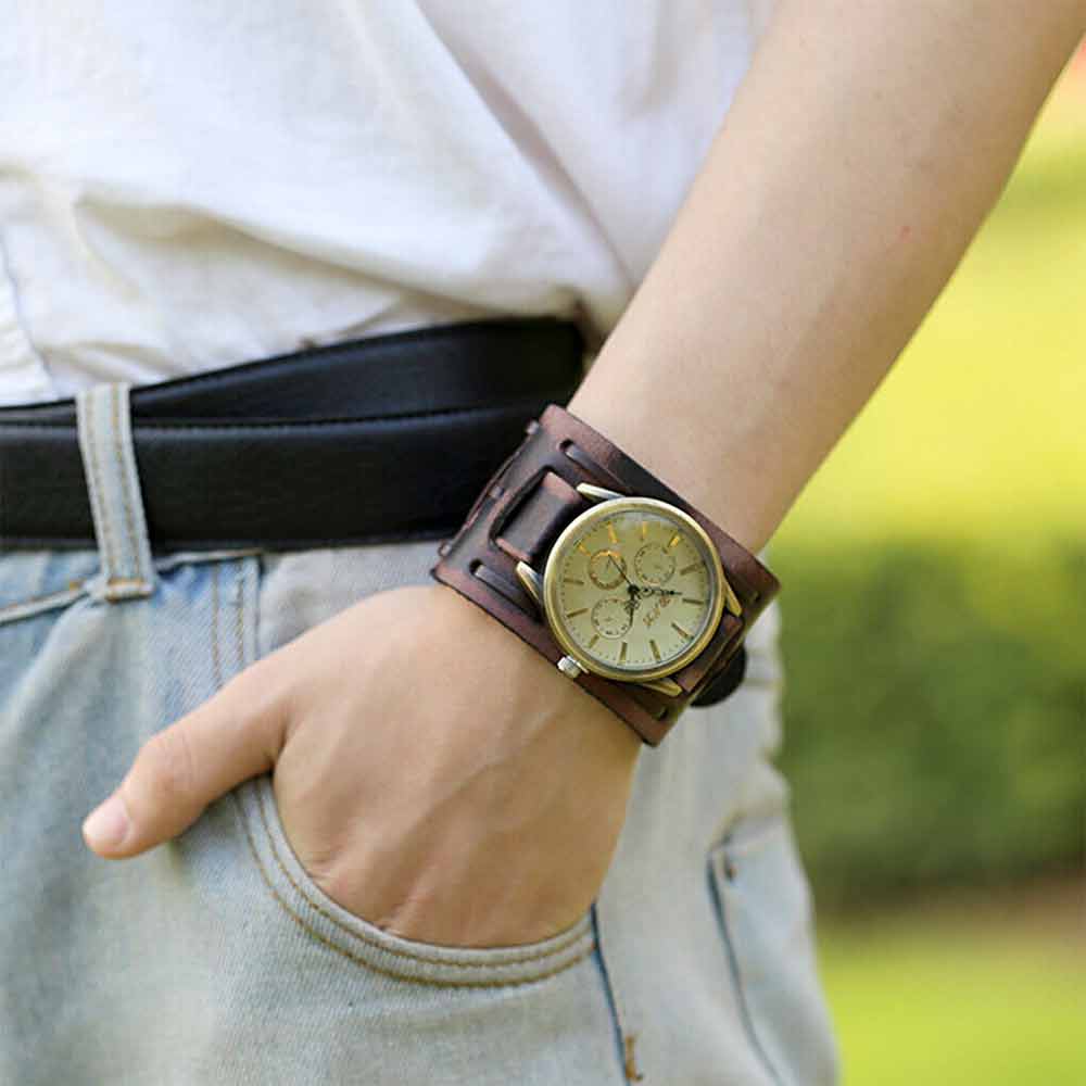 Retro Punk Rock Leather Bracelet Cuff Men Wrist Watch Wide Band Quartz Watch
