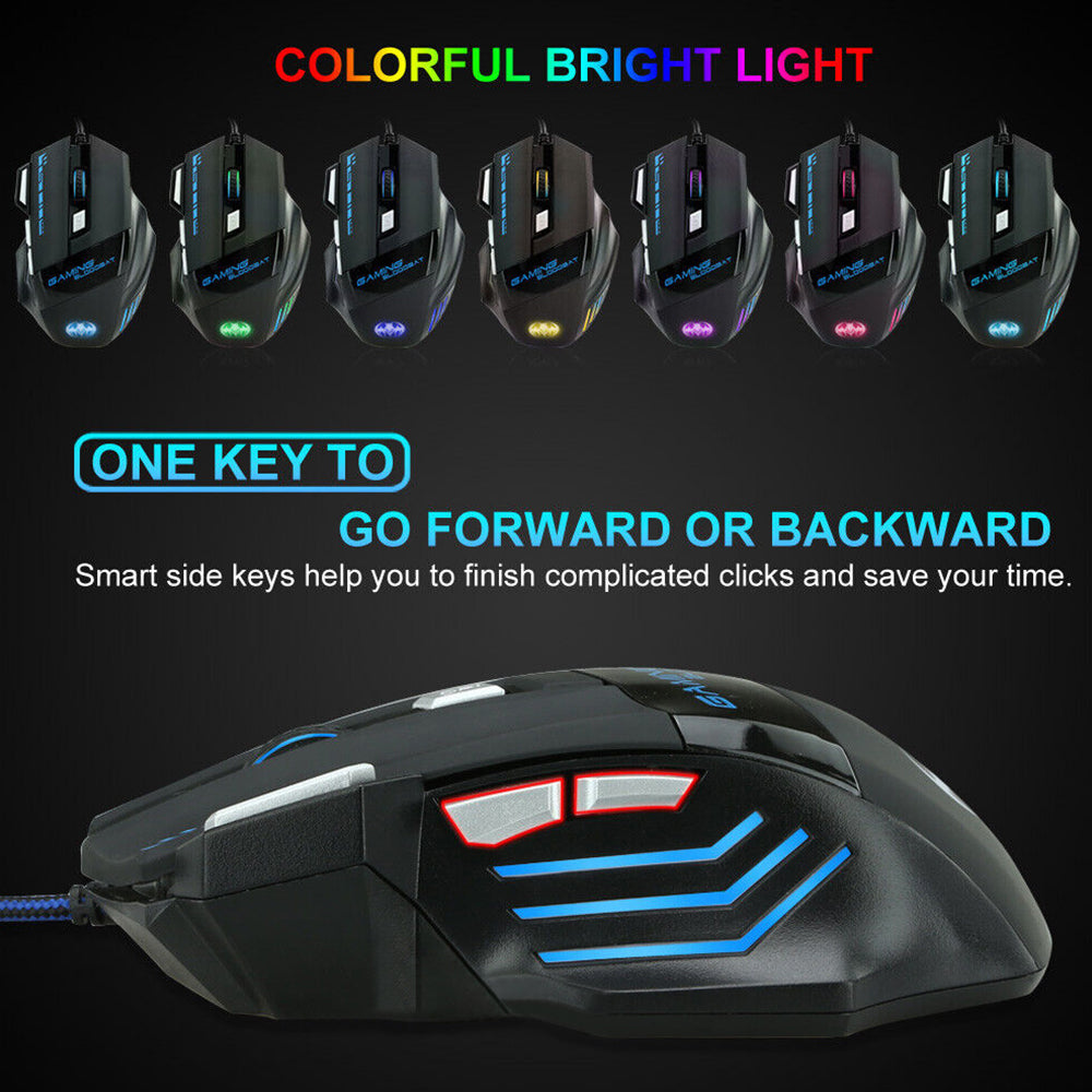 7 Button 7200 DPI LED Wired USB Ergonomic Optical Gaming Mouse For PC Laptop Mac