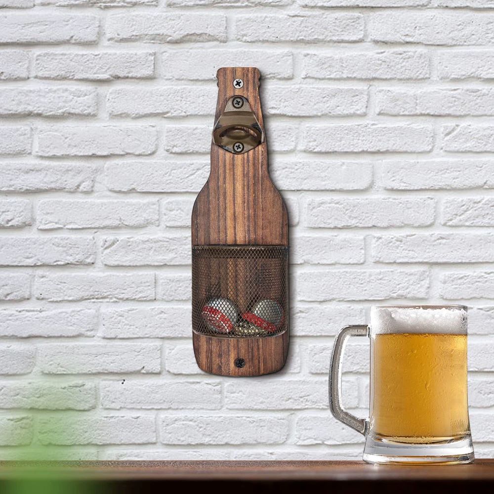Wall-Mounted Beer Opener – Bottle Cap Catcher for Kitchen Bar, Wooden Design