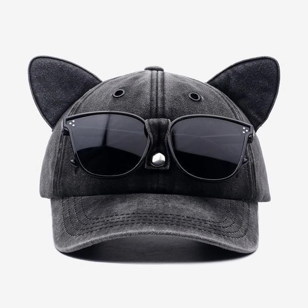 Baseball Cap with Cat Ears & Sunglasses  - Funny Vintage Washed Dad Hat for Women & Men