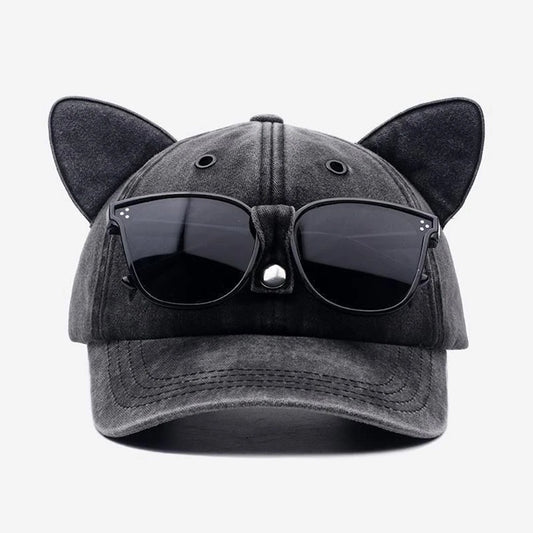 Baseball Cap with Cat Ears & Sunglasses  - Funny Vintage Washed Dad Hat for Women & Men